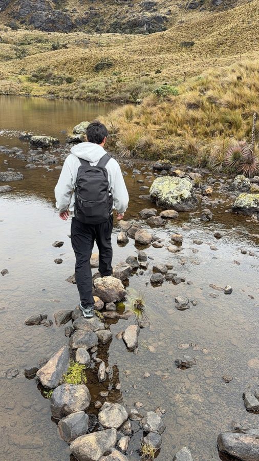 Crossing a stream on stepping stones in the páramo
